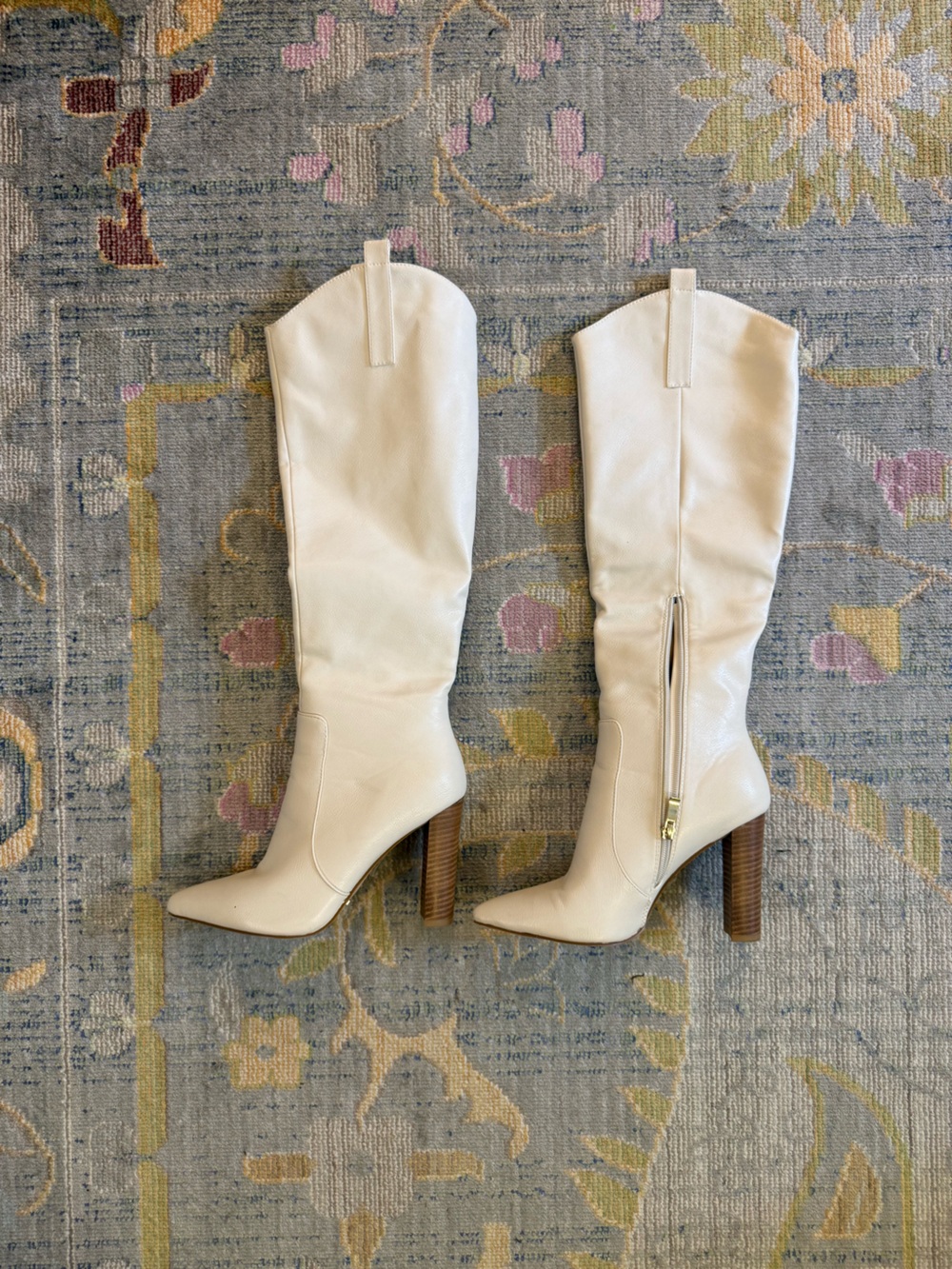 Kailani Cream Off White Leather Knee-High Stacked Heel Boots with Pointed Toe